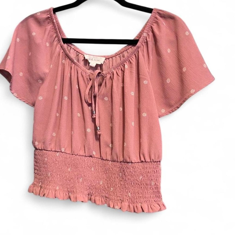 Pink Rose Daisy Print Cropped Babydoll Top with Ruching Women's Medium
